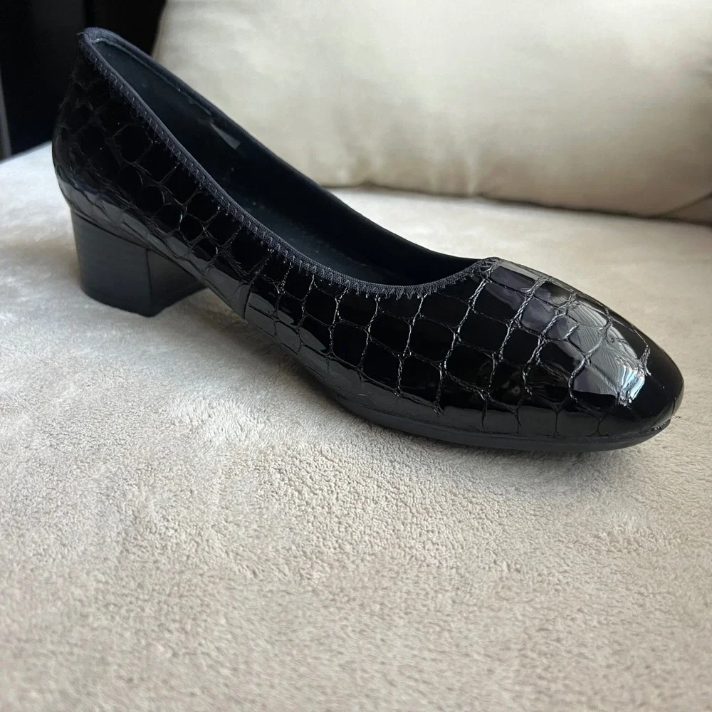 Rieker Antistress Women 7-7.5 EU 38 Black Croc Patent Leather Block Heel Pumps‎